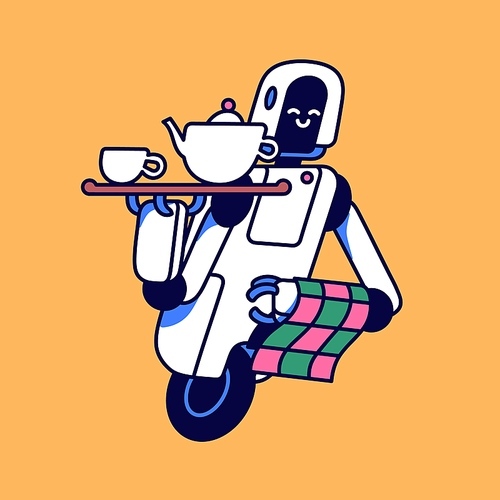 Funny robot waiter carrying coffee, tea. Modern computer butler hold towel in hand. Cute machine, program with tray. Electric servant service in restaurant, cafe. Flat isolated vector illustration.