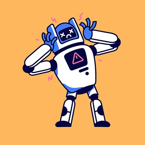 Sad broken robot with warning symbol. Program bug, technical mistake, critical failure, online connection error, server problems. Maintenance support service bot. Flat isolated vector illustration.