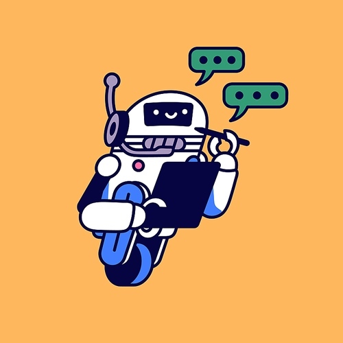 Happy robot writing, take notes. Conversation with AI, artificial intelligence in chat bot. Chatbot assistant, helper answer questions in messenger. Modern technology flat isolated vector illustration.