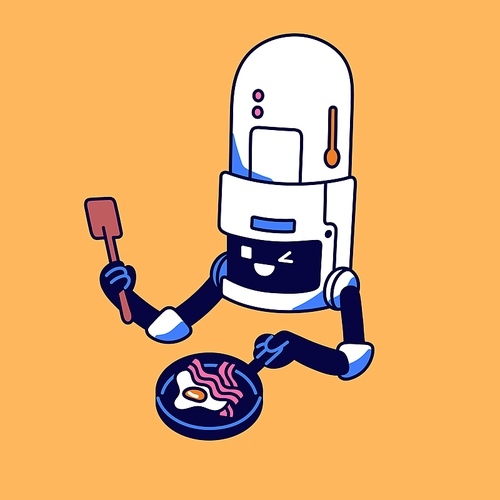 Cute chef robot cooking lunch in restaurant. Robotic AI cook holds frying pan with food. Modern technology in kitchen. Friendly artificial intelligence for cafe. Flat isolated vector illustration.