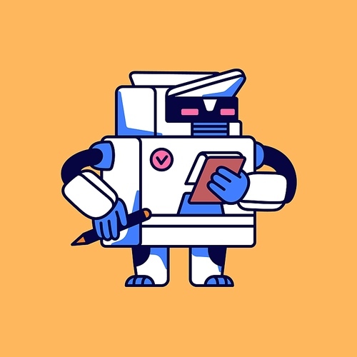 Productive robot take notes: ideas, tasks. AI technology make strategy, planning time. Computer work in management, process optimization. Online planner for business. Flat isolated vector illustration.