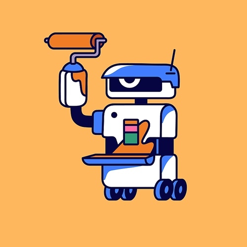 Robot artist drawing artwork. Robotic painter with paint roller. AI painting digital interface. Cute bot for repair wall. Cyborg designer work on UI design. Flat isolated vector illustration.