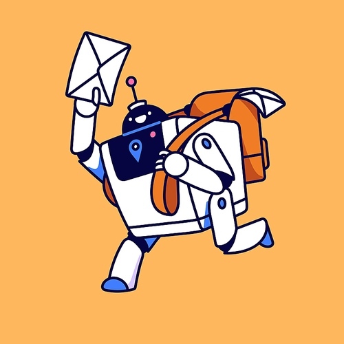 Digital correspondence delivery. Robot postman, courier running with letter in hand. Email bot with bag of mails. Online communication in messenger, internet. Flat isolated vector illustration.