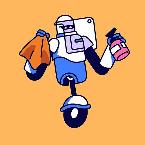 House cleaning service. Robot cleaner with detergent do cleanup. Machine servant clean home. Cyborg maid helper washing window. Housekeeping, housework with AI. Flat isolated vector illustration.