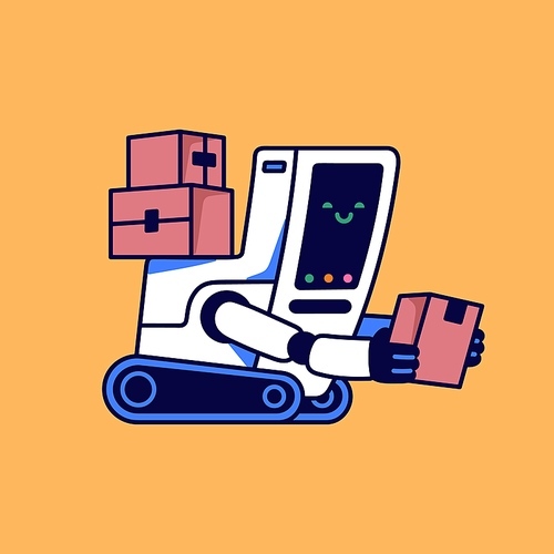 Online delivery service. Cute robot courier carry boxes. Machine deliver send marketplace packages, orders. Digital shopping, ecommerce retail. Logistic AI. Flat isolated vector illustration.