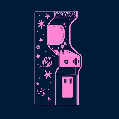 Retro slot, game machine. Vintage arcade games. Old entertainment technology for gamers, players. Gambling club with retrowave videogame playing equipment. Monochrome flat isolated vector illustration.