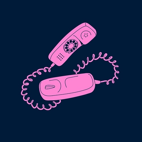 Retro phone with rotary disk. Old analog telephone, receiver. Vintage communication equipment, 80s, 90s technology. Oldfashioned cable contact device. Monochrome flat isolated vector illustration.