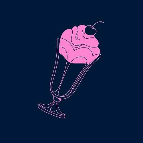 Icecream with cherry on top. Sundae, mousse, whipped cream. Frozen dessert with berry syrup, sorbet in retro cup. Ice milk with vanilla in vintage glass. Monochrome flat isolated vector illustration.