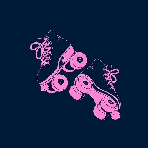 Roller skating footwear. Retro rollerskate with wheels, laces. Old shoe for rink, walking, roll. 90s activity, 70s active leisure, 80s sport hobby. Monochrome flat isolated vector illustration.