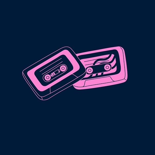 Old tape cassettes. Musical, sound mixtape. Retro music hits. Audio records for stereo player of 80s. 90s pop culture, vintage disco soundtracks. Monochrome flat isolated vector illustration.