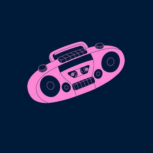 Cassette boombox, vintage audio player. Retro stereo system, mixtape musical equipment. Old tape recorder with radio. Retrowave aesthetics, 80s, 90s disco. Monochrome flat isolated vector illustration.