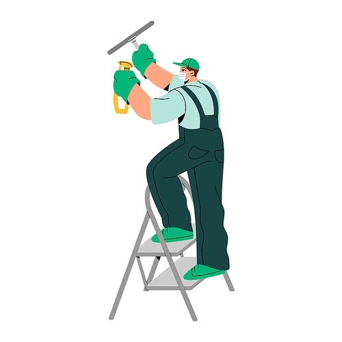 Professional cleaner with detergent, scraper washing window. Man on ladder makes cleanup, housework. People work in housekeeping business. Cleaning service. Flat isolated vector illustration on white.