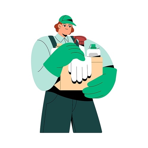 Housekeeping worker holds box with detergents. Cleaner in gloves carrying domestic chemistry bottles for cleanup, housework. People work in cleaning service. Flat isolated vector illustration on white.