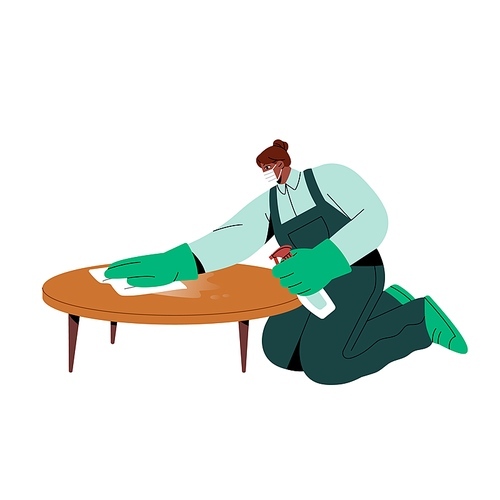 Professional cleaner does wet cleanup with detergent. Housekeeping worker wipes dust, cleans furniture. People work in cleaning service business. Flat isolated vector illustration on white background.