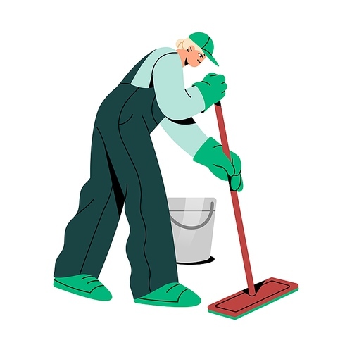 Housekeeping worker does wet cleanup in apartment. Professional cleaner cleans, washing floor with mop, water bucket. People work in home cleaning service. Flat isolated vector illustration on white.