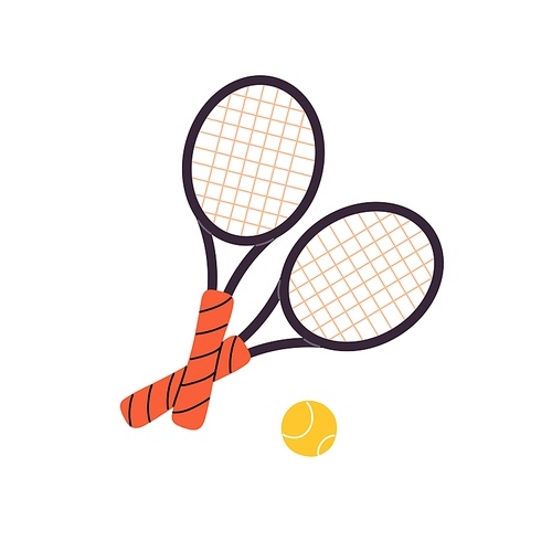 Professional big tennis racquets with ball. Inventories for playing court game. Racket sport equipment, supplies. Active lifestyle, fun leisure. Flat isolated vector illustration on white background.