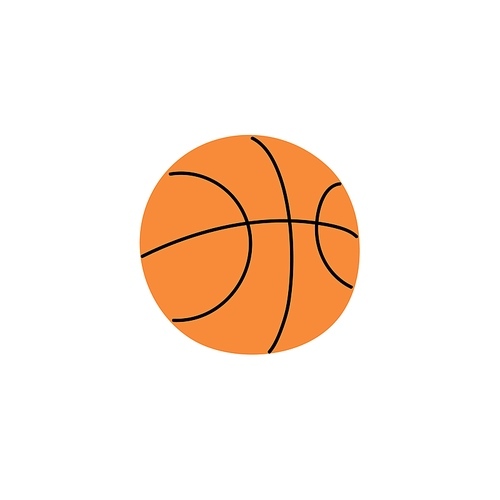 Basketball round symbol. Streetball sport equipment. Orange ball in black stripes for playing team court game with basket. Gym inventory, supply. Flat isolated vector illustration on white background.