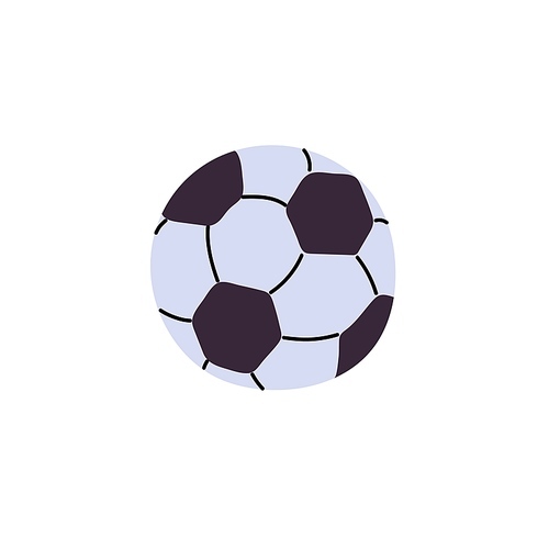 Football match symbol. Professional soccer ball. Patterned round inventory for playing field team game. Sports equipment for active hobby, healthy lifestyle. Flat isolated vector illustration on white.