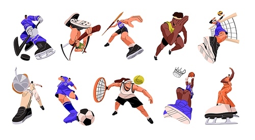 Professional athletes in action. Different sports set. Playing soccer, volleyball, tennis, basketball, ice hockey. Run, javelin throwing, fencing. Flat vector illustration isolated on white background.