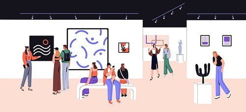 Abstract art gallery. People walk, watch painting, artwork on exposition. Visitors looking picture with guide, woman look modern sculpture, tourist group sit in museum hall. Flat vector illustration.