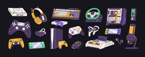 Videogame equipment set. Game console, computer, gamepad. Gamer device, accessory. Cybersport player gadget: controller, joystick, wheel, keyboard. Playing machinery. Flat isolated vector illustration.