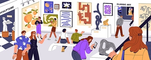 Modern art museum. People visit gallery, look on exhibits, view painting, contemplate artwork, walk in exposition, take photo, watch statue, sit and enjoy picture, exhibition. Flat vector illustration.