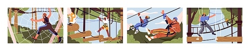 Rope park with zip line, obstacle course set. People climb on trees, overcome challenges. Summer recreation, extreme entertainment, adventure playground. Active lifestyle. Flat vector illustration.