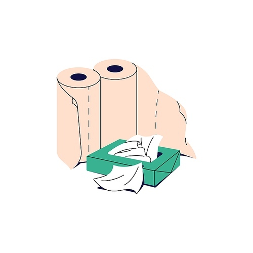 Rolls of paper towel. Wet tissue box. Packaging of napkins. Hygienic sick nose cleaner tool. Toiletries. Toilet accessories, kitchen supplies. Flat isolated vector illustration on white background.