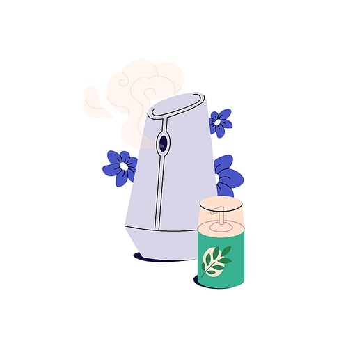 Automatic air freshener with flower scent. Aroma sprayer for home. House dispenser, diffuser with floral smell. Fresh flavor dry spray equipment. Flat isolated vector illustration on white background.