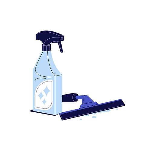 Window cleaning scraper, wet squeegee. Glass cleaner, wiper. Sprayer bottle of detergent. Housekeeping tool, housework supplies, cleanup kit. Flat isolated vector illustration on white background.