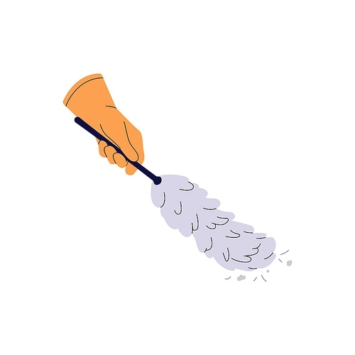 Feather duster in hand. Dust cleaner, brush, broom to wipe dirt, cleaning home. Sweeping supplies. Housework tools, housekeeping equipment. Flat isolated vector illustration on white background.