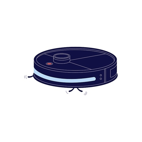 Modern robot vacuum cleaner. Smart household appliance. Circle electronic machine with brushes for cleaning home. Automatic housework equipment. Flat isolated vector illustration on white background.