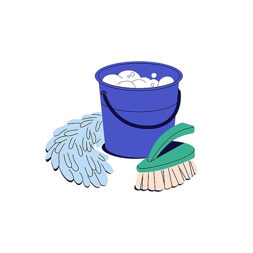 Plastic bucket with detergent, soapy water, bubbles of foam. Brush for wet cleaning. Mop rag for washing floor. Cleanup tools, housework supplies. Flat isolated vector illustration on white background.