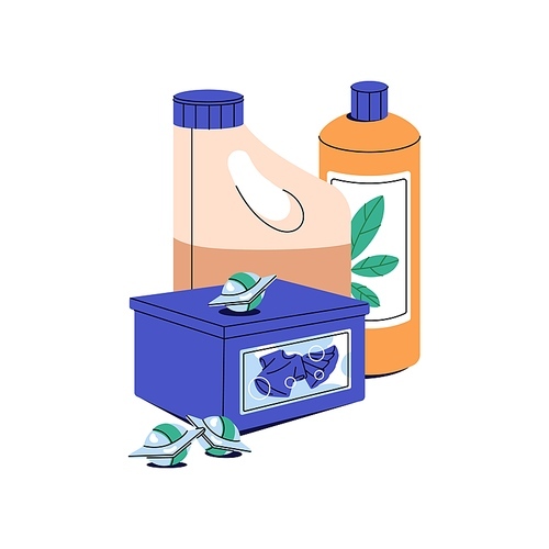 Washing liquid powder bottles. Organic laundry gel, flavor fabric softener. Box of detergent capsules. Housework cleansing products, cleansers. Flat isolated vector illustration on white background.