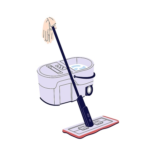 Mop for washing floor. Soapy water in plastic bucket with automatic spin. Tools for wet cleaning home with detergent. Housework supplies. Flat isolated vector illustration on white background.