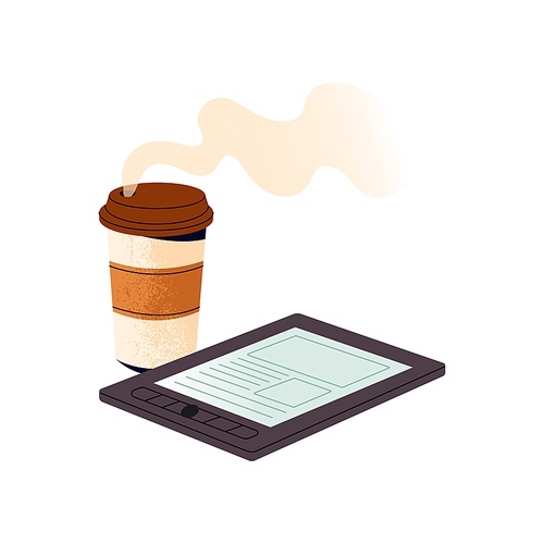 Reading breaking news, digital newspapers during drinking morning coffee. Paper cup of hot beverage. Tablet with electronic books, learn by ebook. Flat isolated vector illustration on white background.