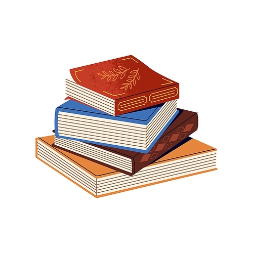 Paper book stack with ornamented cover. Pile of decorated novels, heap of thick fictions. Private library of study literature. Education sticker. Reading flat isolated vector illustration on white.