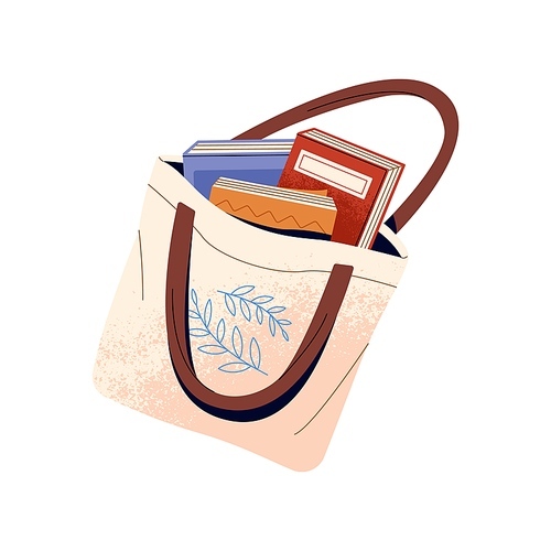 Tote bag for carrying heap of textbooks. Shopper with pile of different paper books. Education literature. Reading and study concept sticker. Flat isolated vector illustration on white background.