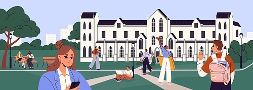 Students walk, study on lawn, meeting with friends in university park. College or high school building with grass yard. People communicate, rest outdoor, in academic garden. Flat vector illustration.