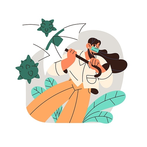 Health insurance concept. Healthcare policy. Woman with shield cares about wellness, assurances life. Umbrella protects from virus, saves from disease. Flat isolated vector illustration on white.