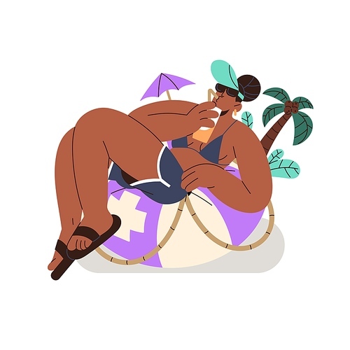 Travel insurance concept. Assurance policy of vacation journey. Happy tourist relax on lifebuoy, drinks refreshing beverages. Protection from risks on beach. Flat isolated vector illustration on white.