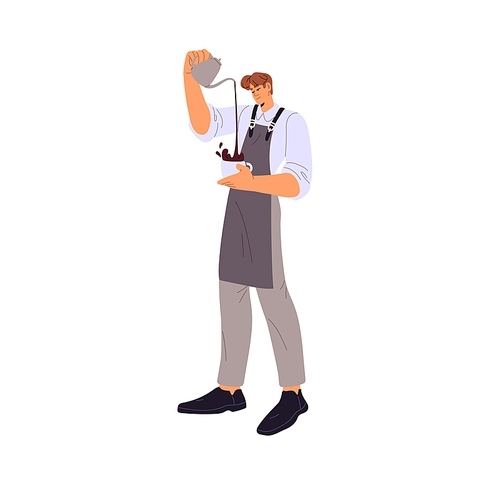 Professional barista makes coffee. Coffeeshop worker prepare beverage. Young man in apron pours hot drink from kettle, pot into cup. Guy work in coffeehouse. Flat isolated vector illustration no white.