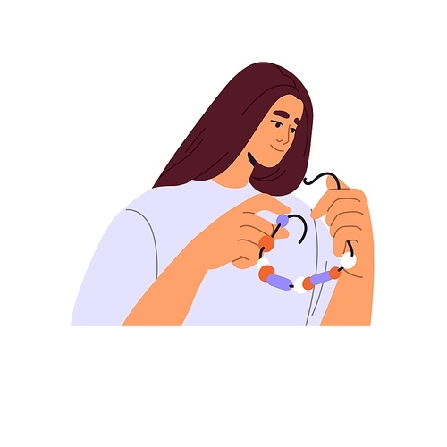 Happy girl creates handmade necklace, jewellery from beads. Young woman makes handcraft jewelry, bijouterie in leisure. Beadwork, handicraft, needlework. Flat isolated vector illustration on white.