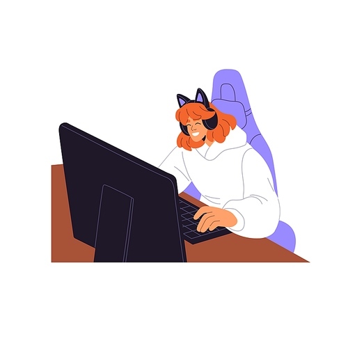 Streamer in headphones sits at live streamibg. Blogger creates video, maintains blog. Gamer plays computer games. Person communicates, chats in social media. Flat isolated vector illustration on white.