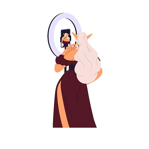 Artist makes elf cosplay back view. Creator stand front of smartphone, record video for blog. Creative blogger creates content, takes photo for social media. Flat isolated vector illustration on white.