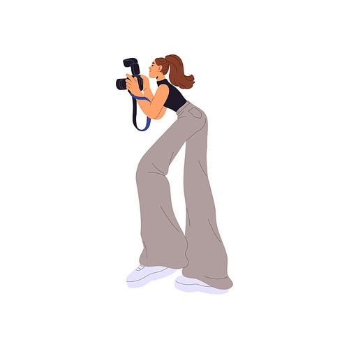 Talented photographer takes fashion photos. Paparazzi creates snapshots, shots with digital camera. Professional photograph job, photography profession. Flat isolated vector illustration on white.