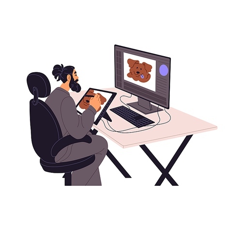 Professional illustrator sits at the table, draws digital picture. Talented man painting artwork with tablet. Artist works with computer at home. Flat isolated vector illustration on white background.