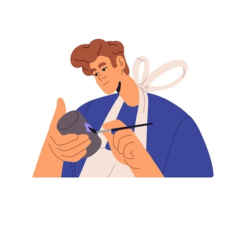 Ceramist holds ceramic pot in hands, decorates handcraft earthenware. Guy painting, draw on clay vase. Man makes handmade clayware. Pottery class. Flat isolated vector illustration on white background.