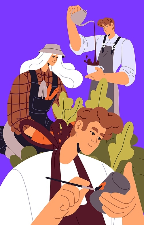 Poster with creative people of different professions, handicraft hobbies. Creators work in craft business, job. Ceramist painting, barista make coffee, gardener growing plant. Flat vector illustration.