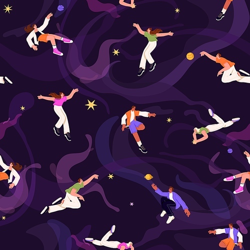 Repeatable pattern of soaring people in space, zero gravity. Endless background of cosmos with flying men and women. Freedom, imagination, inspiration concept. Flat seamless vector illustration.